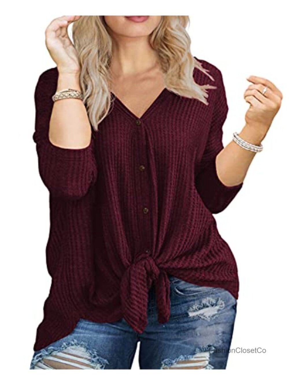 Plus Size Waffle Knit Tunic Top Long Sleeve V Neck Button Tie Front